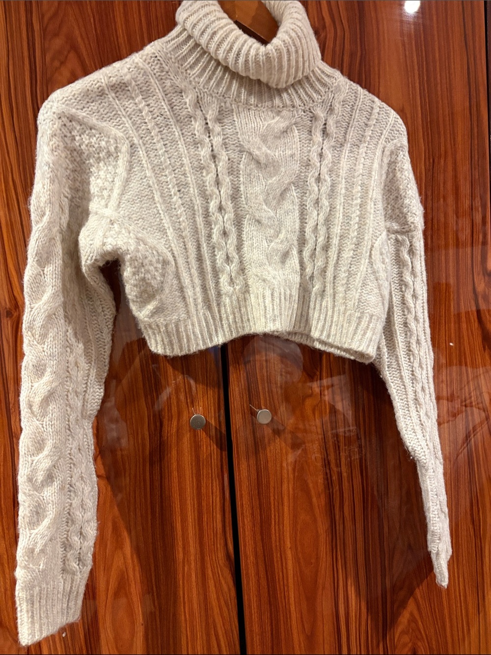 Sincerely Jules Cropped Cable-Knit Turtleneck Sweater in Cream